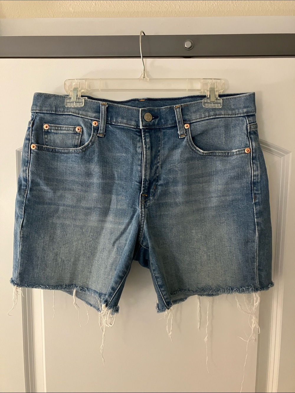 GAP Medium Blue Distressed Raw-Hem Denim Shorts